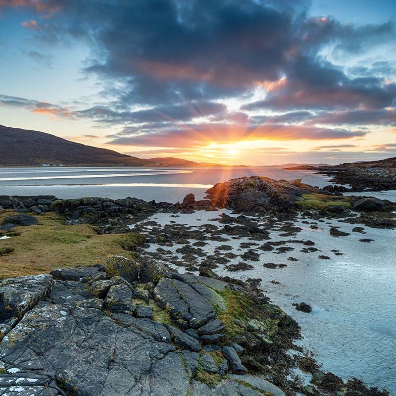 Dramatic sunset on the Luskentyre beach on the Isle of Harris